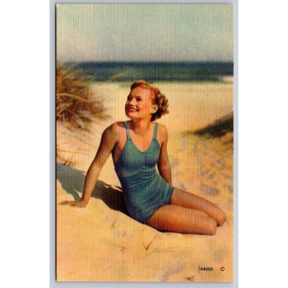Vtg 1940s Linen Postcard Bathing beauty Blue Swimsuit Beach Pinup AB502 Unused